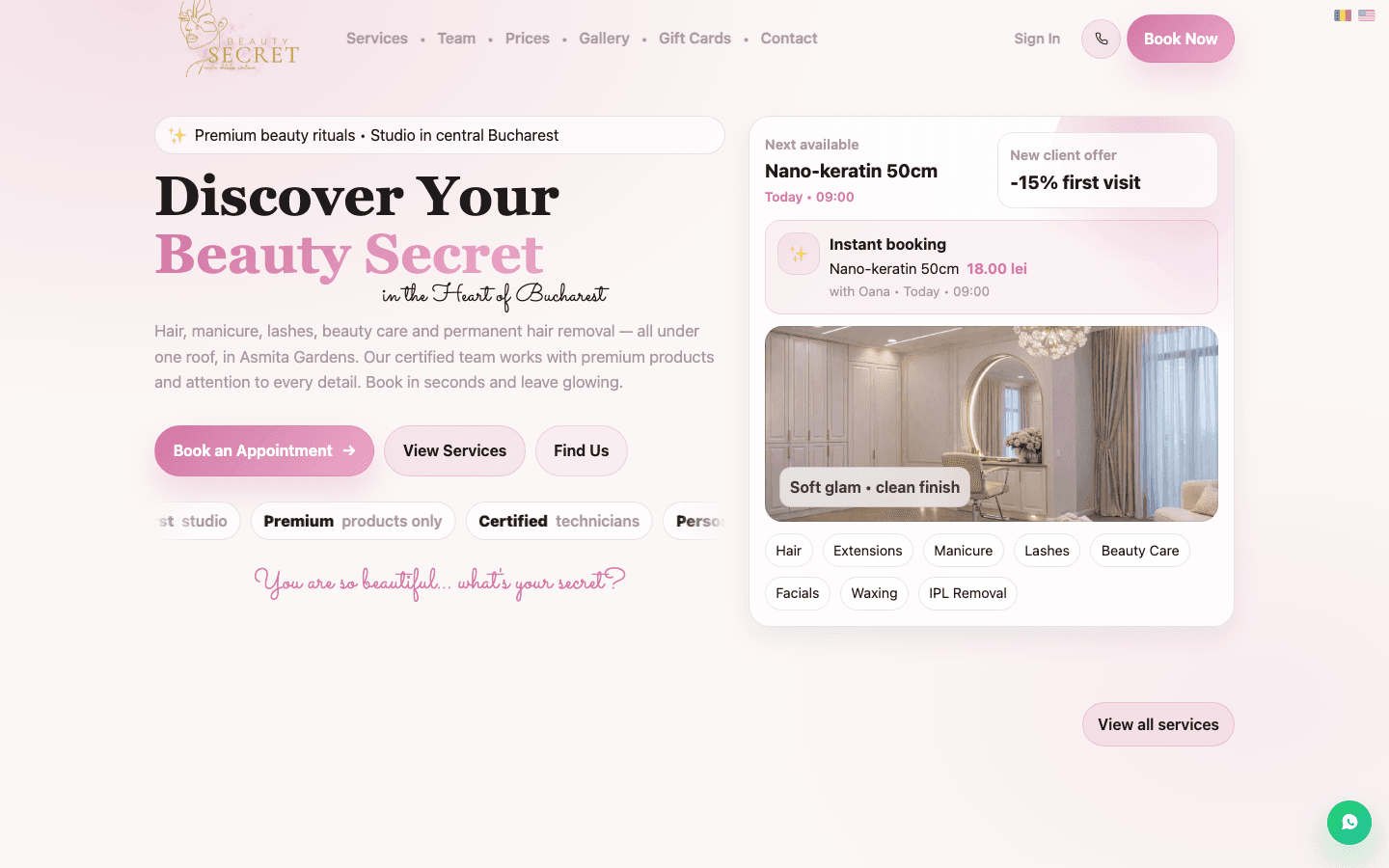 Beauty Secret landing page — premium beauty salon in Bucharest